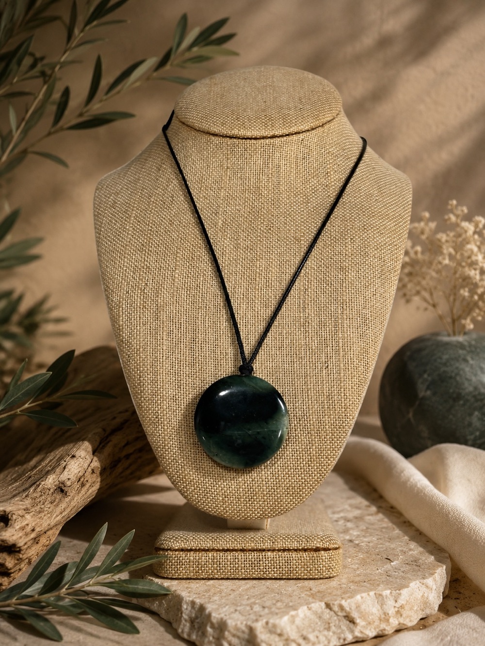 Handcrafted Jade Pendant Necklace on Leather Cord | Natural Stone